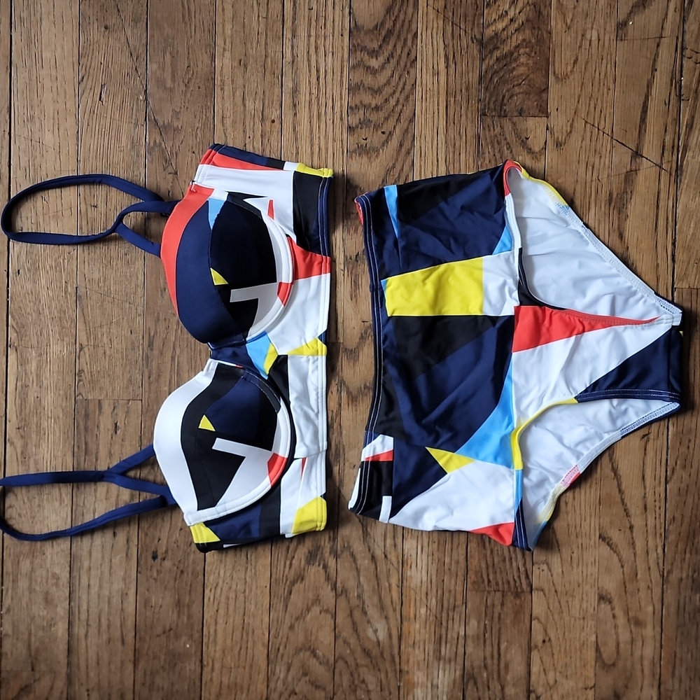 Color Block Structed Bikini Swimsuit Set Bustier Top High Waist Bottom